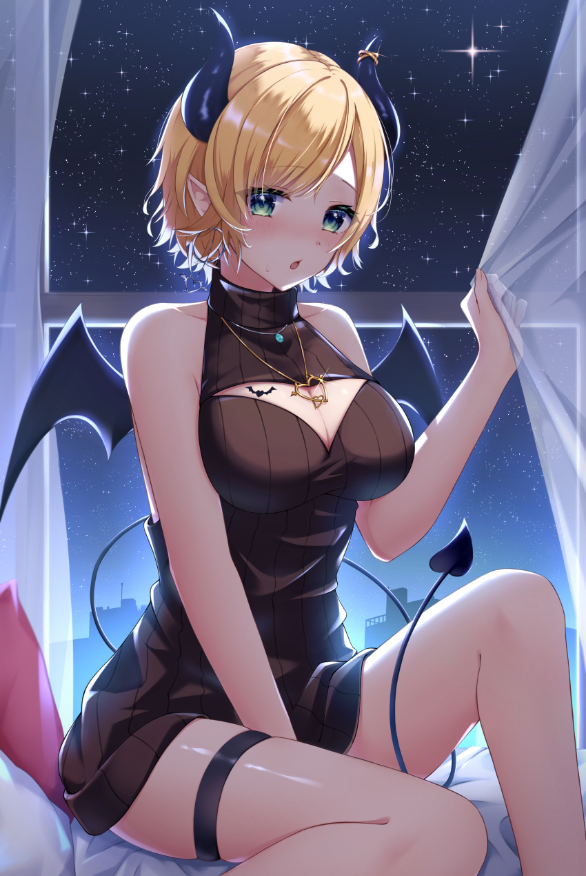 absurdres black_dress blonde_hair blue_eyes blush breast_tattoo breasts cleavage cleavage_cutout clothing_cutout demon_girl demon_horns demon_tail dress female gold_necklace heart heart_necklace heart_tattoo highres hololive horns jewelry large_breasts looking_at_viewer mira_bluesky3 necklace night night_sky official_alternate_costume open_mouth pointy_ears short_hair sky star_(sky) starry_sky tail tail_around_own_leg tattoo thigh_strap turtleneck turtleneck_dress virtual_youtuber winged_heart_tattoo yuzuki_choco yuzuki_choco_(streetwear)