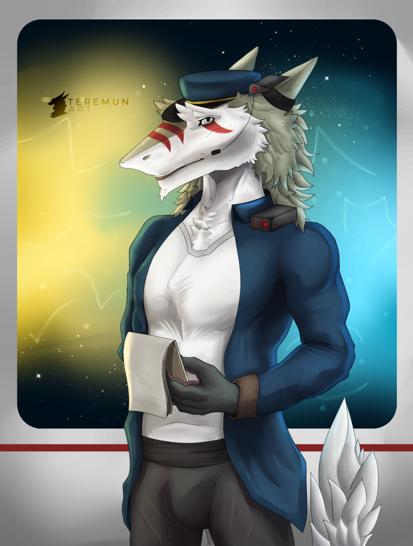 4_fingers absurd_res anthro clothed clothing digital_drawing_(artwork) digital_media_(artwork) fingers fur hat headgear headwear hi_res keel korrin_(dragon7400) looking_at_viewer male mammal mane muscular sergal shaded simple_background solo space_marine tail teremunart white_body white_fur