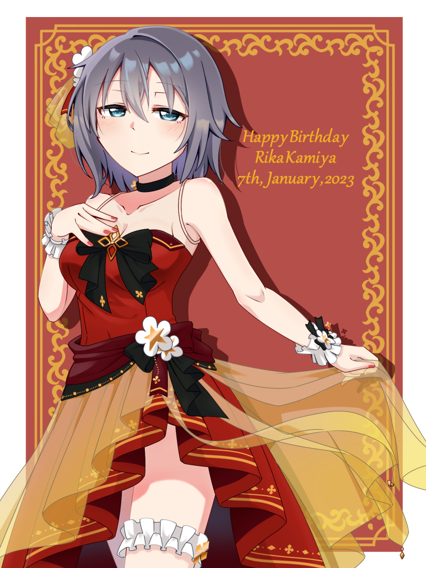 bare_shoulders black_bow black_choker blue_eyes blush bow breasts bridal_garter character_name choker cleavage closed_mouth clothes_lift collarbone commentary cowboy_shot dated dress dress_lift female flower frills grey_hair hair_between_eyes hair_ornament half-closed_eyes hand_on_own_chest happy_birthday highres kamiya_rika lifting_own_clothes looking_at_viewer love_live! love_live!_school_idol_festival medium_breasts nail_polish red_background red_dress red_nails see-through short_hair smile solo standing strapless strapless_dress tetetsu_(yuns4877) wrist_cuffs