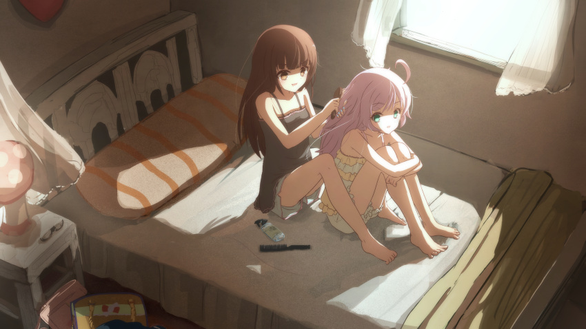 2girls bad_id bad_pixiv_id bare_legs bare_shoulders barefoot bed bedroom black_shirt brown_eyes brown_hair brushing_another's_hair brushing_hair comb commentary_request curtains full_body hair_brush hair_down hand_in_another's_hair highres holding holding_another's_hair holding_hair_brush indoors long_hair looking_at_another looking_back manaka_laala manaka_laala_(young) minami_mirei minami_mirei_(normal) multiple_girls on_bed pajamas pillow pretty_series pripara ruru_ashihara shirt shorts sitting white_shorts