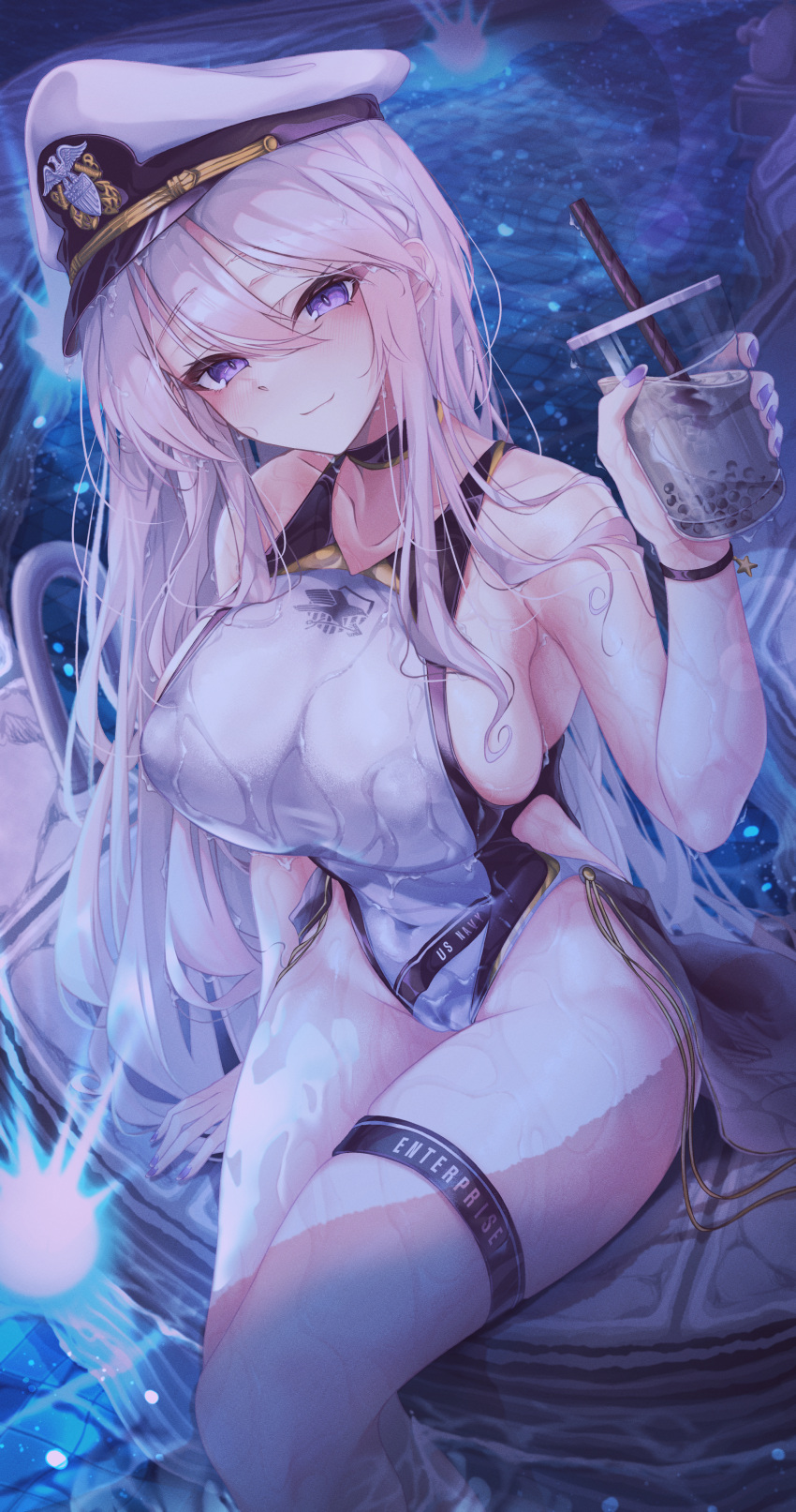 absurdres alternate_costume azur_lane bare_shoulders black_choker blush breasts bubble_tea character_name choker collarbone competition_swimsuit drink eagle_union_(emblem) enterprise_(azur_lane) female hat highleg highleg_swimsuit highres holding holding_drink large_breasts looking_at_viewer one-piece_swimsuit partially_submerged peaked_cap purple_eyes purple_nails ru_251 sideboob sidelocks sitting smile solo swimsuit thigh_strap thighs wet white_hair white_hat white_one-piece_swimsuit