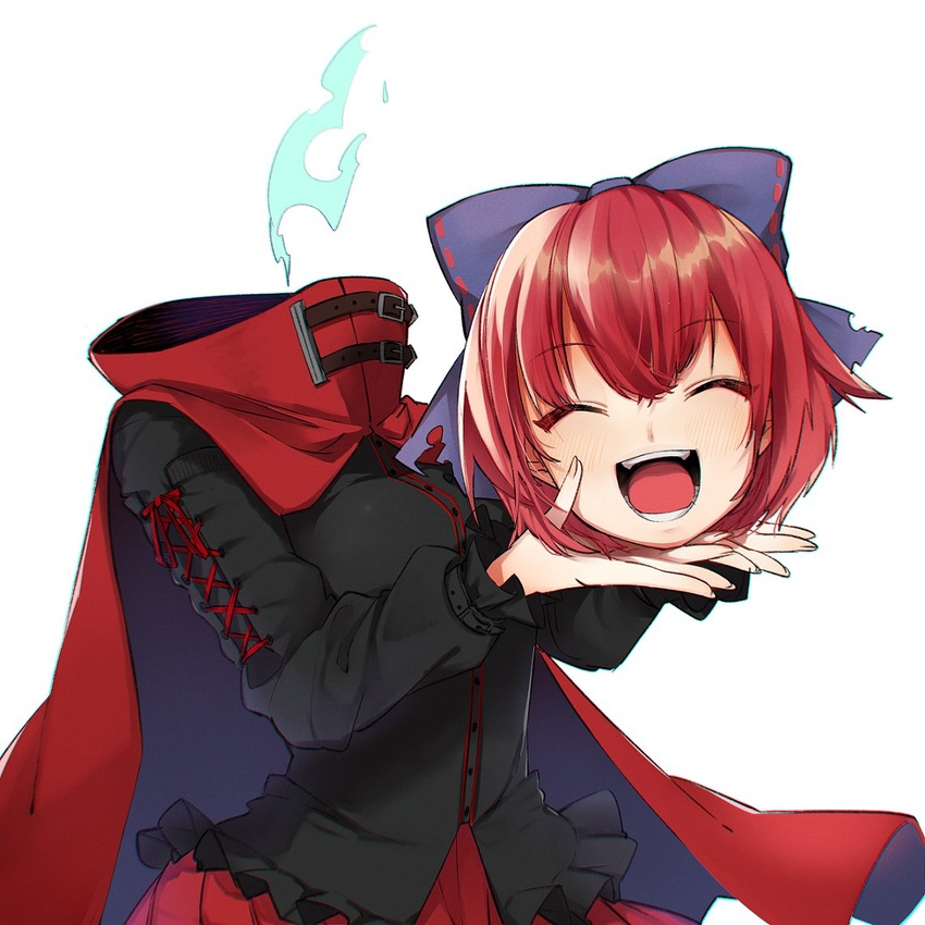 ^_^ belt black_shirt blue_bow blush bow breasts brown_belt cape closed_eyes commentary cross-laced_clothes crossed_bangs disembodied_head dullahan female hair_between_eyes hairbow head_removed holding_head medium_breasts open_mouth pleated_skirt red_cape red_hair red_skirt ryura_(negi-mamire) sekibanki shirt short_hair simple_background skirt smile solo touhou upper_body white_background