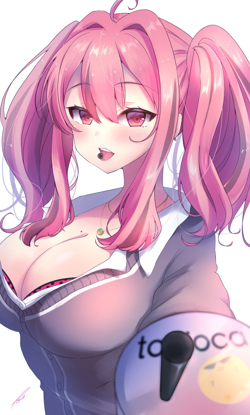 azur_lane bra bra_peek breasts bremerton_(azur_lane) brown_cardigan bubble_tea cardigan cleavage commentary_request female hair_intakes highres indirect_kiss jewelry large_breasts long_hair looking_at_viewer manjuu_(azur_lane) necklace outstretched_arm partial_commentary partially_unbuttoned pink_eyes pink_hair poco. school_uniform shirt signature simple_background solo tongue tongue_out twintails underwear upper_body white_background white_shirt