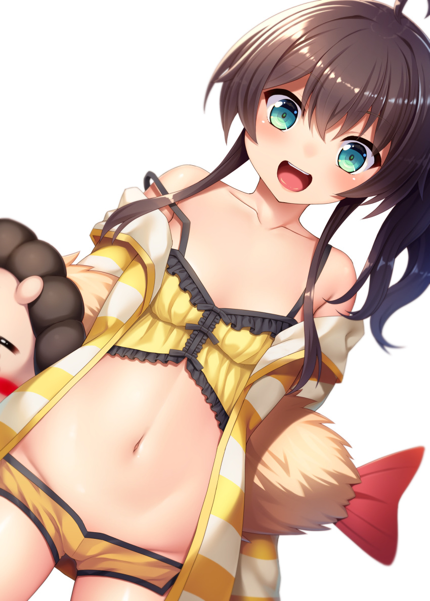 :d ahoge aqua_eyes blush brown_hair camisole collarbone commentary_request dutch_angle ebi_frion_(natsuiro_matsuri) female frills groin highres hololive long_hair looking_at_viewer natsuiro_matsuri natsuiro_matsuri_(matsuri's_day_off) navel noshimasa open_mouth orange_shorts photoshop_(medium) short_shorts shorts side_ponytail smile solo standing strap_slip v-shaped_eyebrows virtual_youtuber white_background