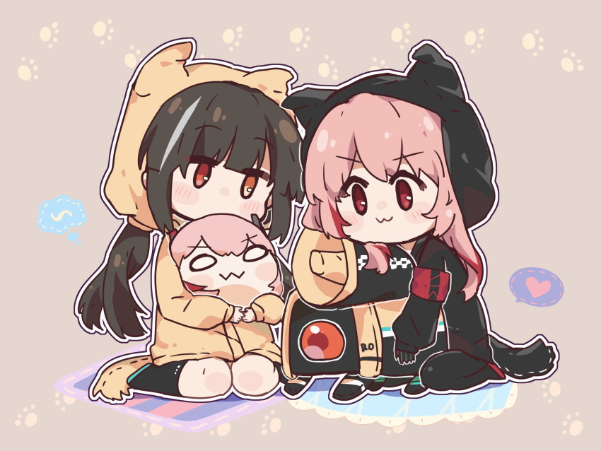 2girls :3 absurdres animal_ears animal_hood armband banana_(girls'_frontline) black_gloves black_hair black_jacket black_legwear blush_stickers brown_background brown_jacket checkered chibi closed_mouth commentary_request dinergate_(girls'_frontline) dotted_line fake_animal_ears fake_tail girls'_frontline gloves grey_hair heart heterochromia highres hood hood_up hooded_jacket jacket kneehighs long_hair long_sleeves m4_sopmod_ii_(girls'_frontline) m4_sopmod_ii_jr multicolored_hair multiple_girls non-humanoid_robot orange_eyes outline pantyhose pink_hair plug_(feng-yushu) puffy_long_sleeves puffy_sleeves red_eyes red_hair ribbon_trim ro635_(girls'_frontline) robot sitting sleeves_past_wrists socks spoken_heart streaked_hair tail v-shaped_eyebrows very_long_hair wariza white_outline