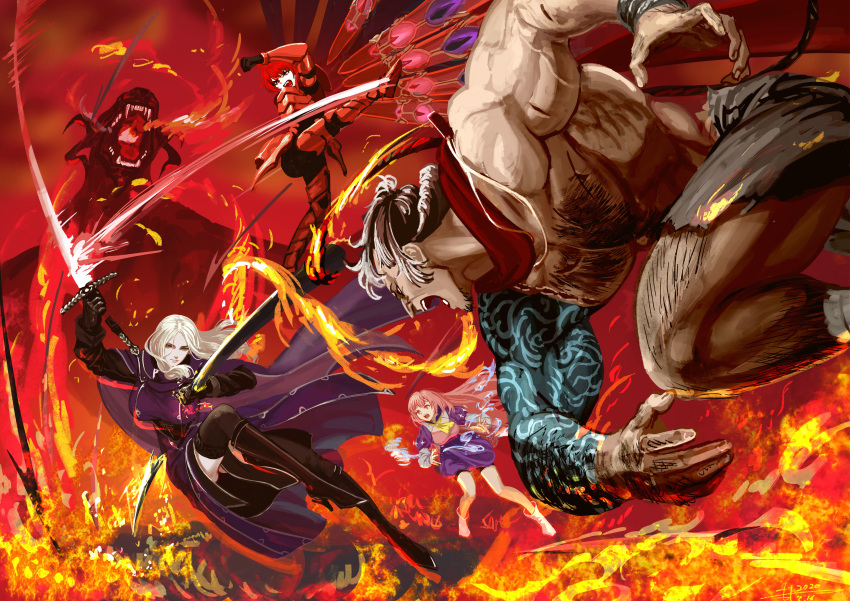 1boy 3girls :o abandoned_star_hyndra abashiri_iwaji absurdres armor artistic_error battle black_legwear blue_cape blue_eyes cape chest_hair clenched_hand demel_lunarian dragon dual_wielding fire furai_(pixiv_fantasia) highres holding kicking leg_hair motion_blur moyatarou multiple_girls muscular outdoors pink_hair pixiv_fantasia pixiv_fantasia_age_of_starlight red_armor red_hair red_scarf scar scarf shouting sword tattoo thighhighs weapon white_hair