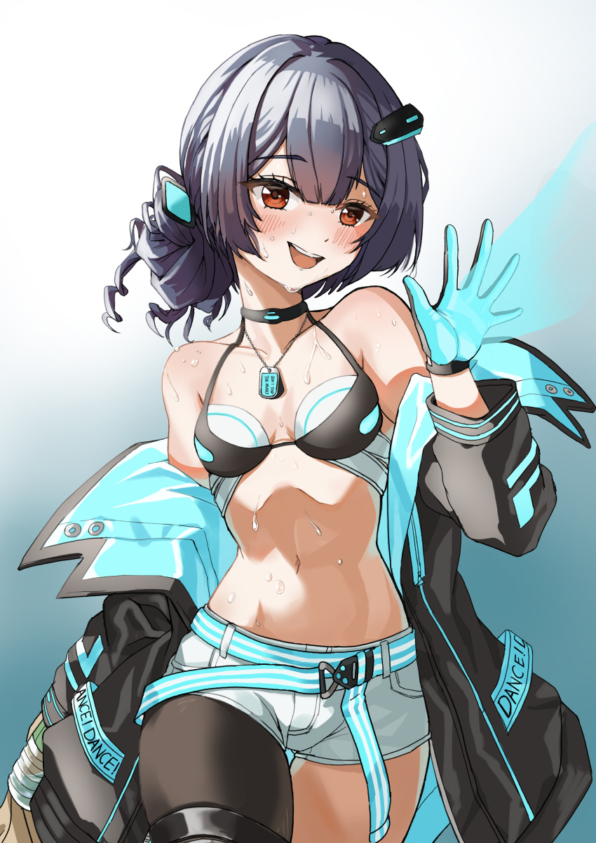 :d absurdres bare_shoulders belt black_bra black_choker black_hair black_jacket black_legwear blue_background blue_belt blue_gloves blue_jacket blush bra breasts choker collarbone commentary cowboy_shot dance_on_the_galaxy_(idolmaster) dog_tags female gloves gradient_background hair_bun hand_up highres idolmaster idolmaster_shiny_colors jacket light_rays long_sleeves looking_at_viewer morino_rinze multicolored_clothes multicolored_jacket navel no_shirt off_shoulder open_clothes open_jacket red_eyes short_hair short_shorts shorts sidelocks single_hair_bun single_leg_pantyhose small_breasts smile solo standing stomach sweat td_(tandeom97) teeth thigh_gap two-tone_jacket underwear upper_teeth_only waving white_background white_belt white_shorts