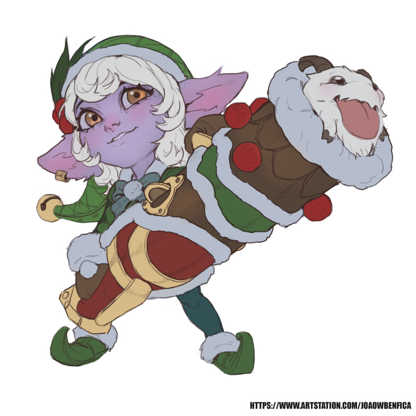 absurdres bow bowtie brown_eyes cannon colored_skin commentary_request earnest_elf_tristana female full_body fur-trimmed_headwear fur_trim green_bow green_bowtie green_footwear green_headwear green_legwear highres holding holding_weapon horns joaowbenfica league_of_legends looking_at_viewer pointy_ears poro_(league_of_legends) purple_skin simple_background smile solo tongue tongue_out tristana weapon web_address white_background yordle