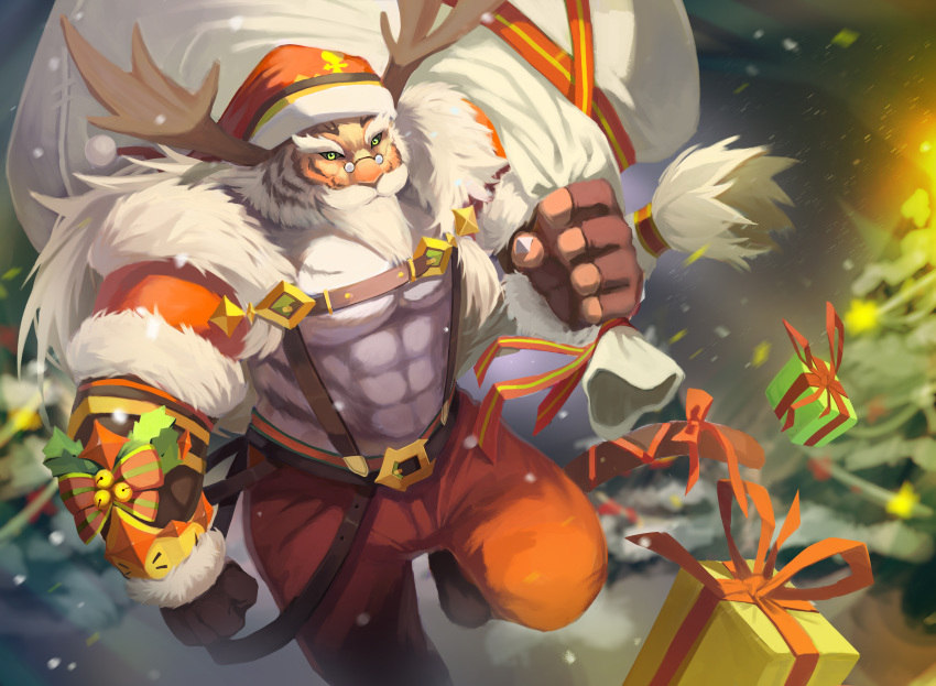 1boy abs absurdres antlers arm_at_side bara beard belt black_gloves black_sclera blurry blurry_background brown_belt christmas_present clenched_hand colored_sclera facial_hair furry furry_male gift glasses gloves green_eyes hat highres holding holding_sack horns large_pectorals looking_at_viewer male_focus muscular muscular_male pang_(sdorica) pants pectorals red_hat red_pants sack santa_costume santa_hat sdorica solo tiger_boy white_facial_hair yed_(yedsilent)