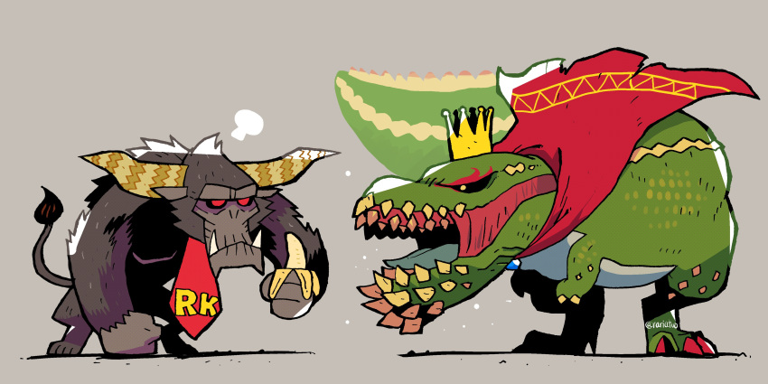 absurdres banana cape cosplay crossover crown deviljho donkey_kong donkey_kong_(cosplay) donkey_kong_(series) donkey_kong_country fangs food frown fruit highres k_rool king_k._rool_(cosplay) looking_at_another monster_hunter_(series) necktie no_humans rajang rariatto_(ganguri) red_cape red_eyes red_necktie roaring signature yellow_eyes