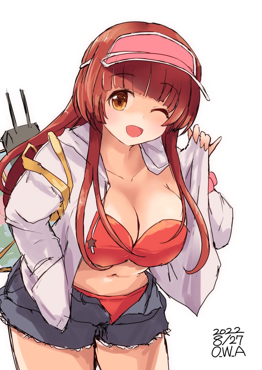 artist_name bikini black_shorts blunt_bangs breasts brown_hair cleavage commentary_request cowboy_shot cutoffs dated denim denim_shorts female green_eyes hand_in_pocket helena_(kancolle) helena_(swimsuit_mode)_(kancolle) highres hood hooded_jacket hoodie jacket kantai_collection large_breasts leaning_forward long_hair looking_at_viewer one-hour_drawing_challenge owa_(ishtail) red_bikini shorts simple_background solo swimsuit visor_cap white_background white_jacket