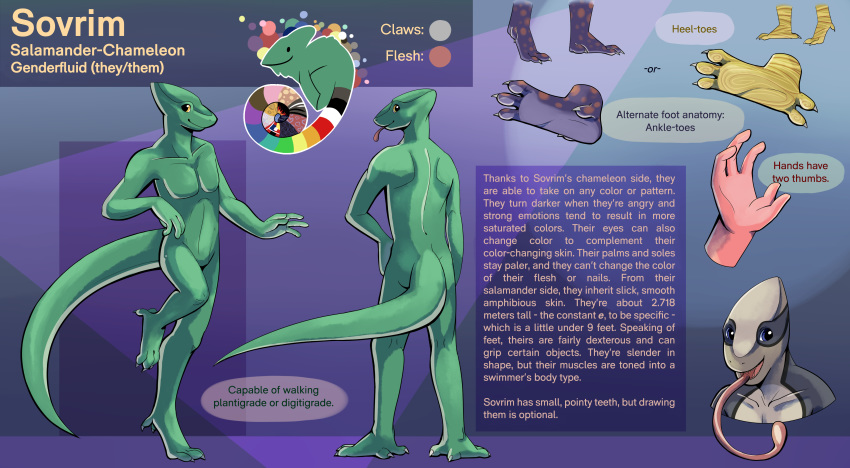 2017 5_fingers 5_toes absurd_res ambiguous_gender amphibian anthro biped blep chameleon color_swatch english_text featureless_crotch feet fingers hi_res hybrid klippy lizard long_tongue model_sheet multicolored_body multicolored_skin nonbinary_(lore) nude pink_tongue reptile salamander scalie shaded shimmering_spectrum simple_shading solo sovrim_terraquian standing text toes tongue tongue_out