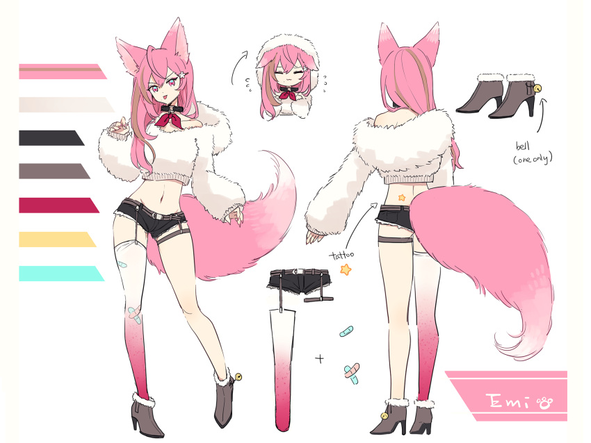 animal_ears ass bandaid collar commission commissioner_upload female from_behind full_body fur_sweater hair_ornament hairclip high_heels highres koinu_emiko looking_at_viewer midriff multiple_views naozi navel off_shoulder original pink_eyes pink_hair reference_sheet short_shorts shorts standing star_(symbol) tail thigh_strap tongue tongue_out white_background wolf_ears wolf_tail