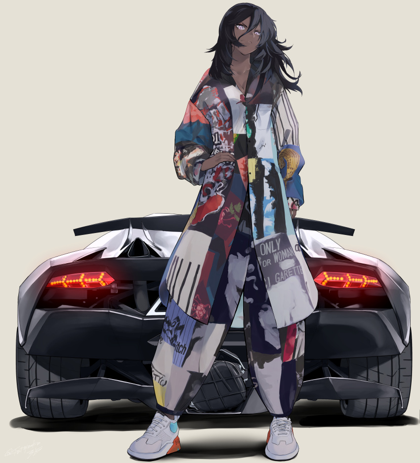 absurdres arm_at_side black_hair car dark-skinned_female dark_skin female frown full_body hair_between_eyes highres lamborghini lamborghini_sesto_elemento long_hair long_sleeves looking_at_viewer motor_vehicle original purple_eyes shoes simple_background sneakers sports_car standing taiyaka315 vehicle_focus