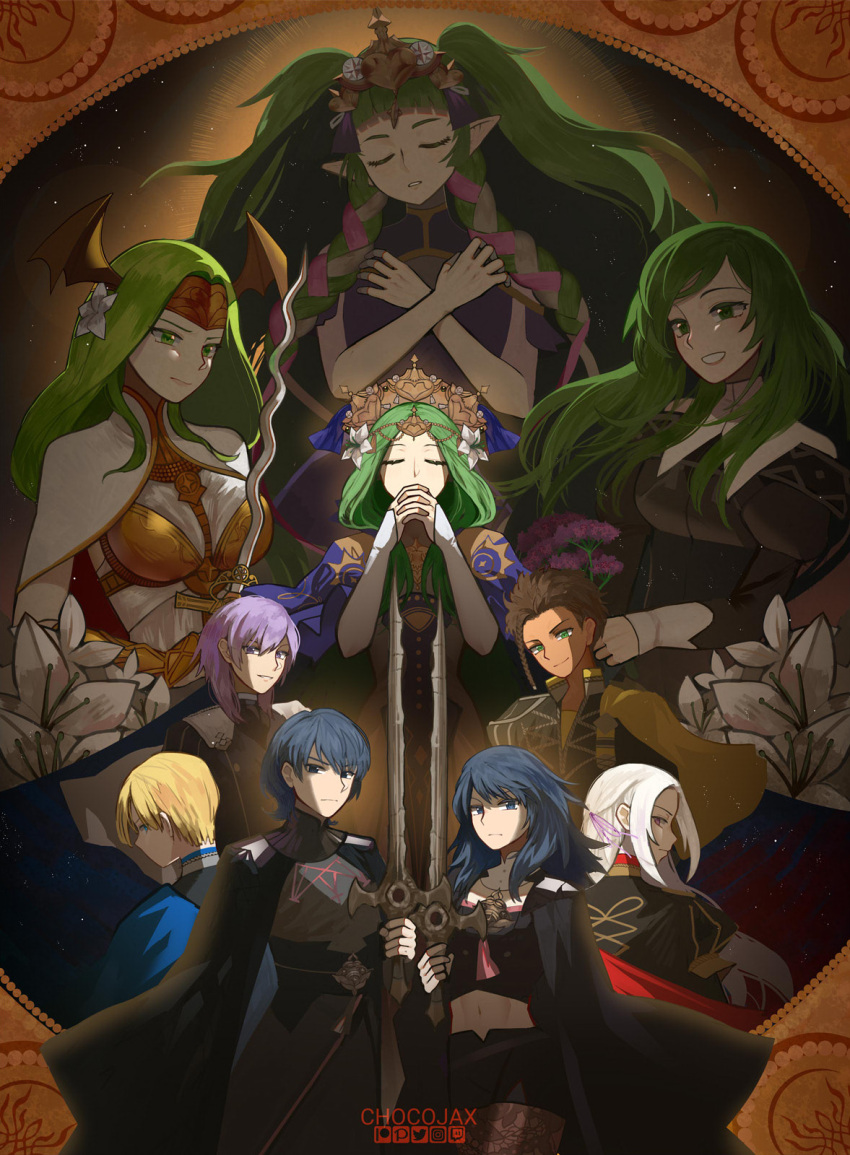 4boys 6+girls blonde_hair blue_hair braid byleth_(female)_(fire_emblem) byleth_(fire_emblem) byleth_(male)_(fire_emblem) cape chocojax claude_von_riegan closed_eyes dimitri_alexandre_blaiddyd dress dual_persona edelgard_von_hresvelg fire_emblem fire_emblem:_three_houses flower garreg_mach_monastery_uniform green_hair hair_flower hair_ornament hair_ribbon highres holding holding_sword holding_weapon left-handed midriff multiple_boys multiple_girls navel pantyhose_under_shorts pointy_ears praying purple_hair rhea_(fire_emblem) ribbon ribbon_braid seiros_(fire_emblem) serious short_shorts shorts sitri_(fire_emblem) smile sothis_(fire_emblem) sword sword_of_the_creator tiara twin_braids weapon white_flower wing_hair_ornament yuri_leclerc