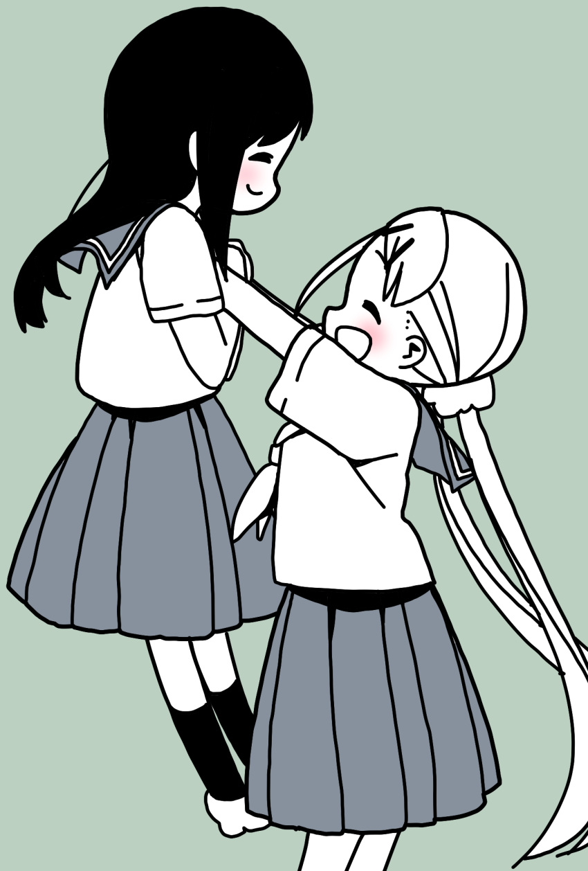 2girls :d ^_^ arms_up blush closed_eyes commentary_request facing_another from_side hair_ornament hair_scrunchie hairclip hands_up happy highres hitori_bocchi hitoribocchi_no_marumaru_seikatsu katsuwo_(cr66g) lifting_person long_hair multiple_girls neckerchief open_mouth partially_colored pleated_skirt profile school_uniform scrunchie serafuku shirt shoes short_sleeves simple_background skirt smile socks sotoka_rakita standing twintails uwabaki very_long_hair