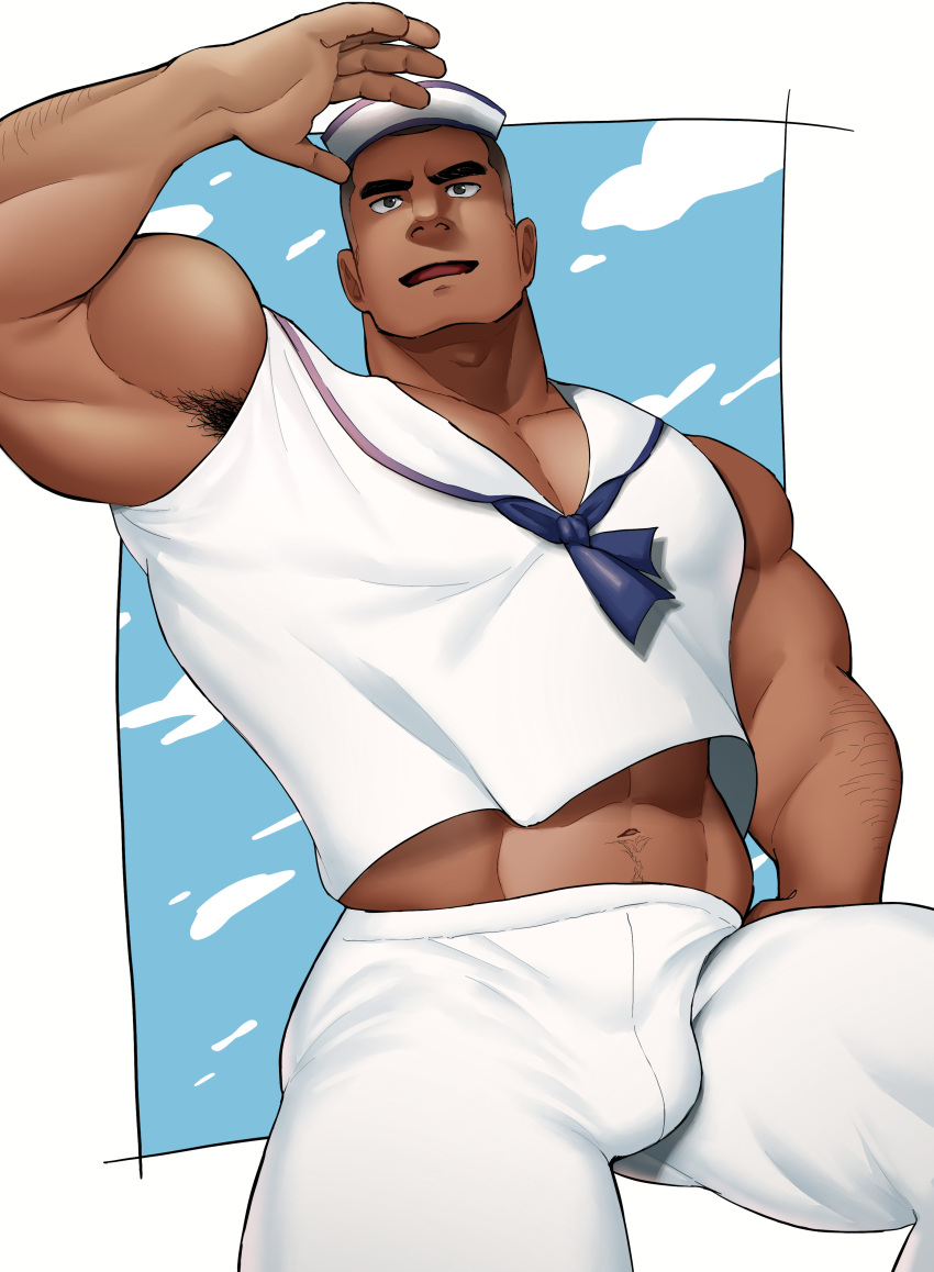 1boy absurdres adjusting_clothes adjusting_headwear arm_hair armpit_hair armpit_hair_peek ass_visible_through_thighs bara biceps blue_sailor_collar blush bulge buzz_cut cloud cloudy_sky dark-skinned_male dark_skin feet_out_of_frame hand_up hat highres kansuke_(kansuke_717) large_pectorals leg_up male_focus mature_male midriff_peek muscular muscular_male navel navel_hair original pants pectoral_cleavage pectorals sailor sailor_collar sailor_hat sailor_shirt shirt short_hair sky sleeveless sleeveless_shirt smile solo thick_eyebrows thick_thighs thighs very_short_hair white_pants