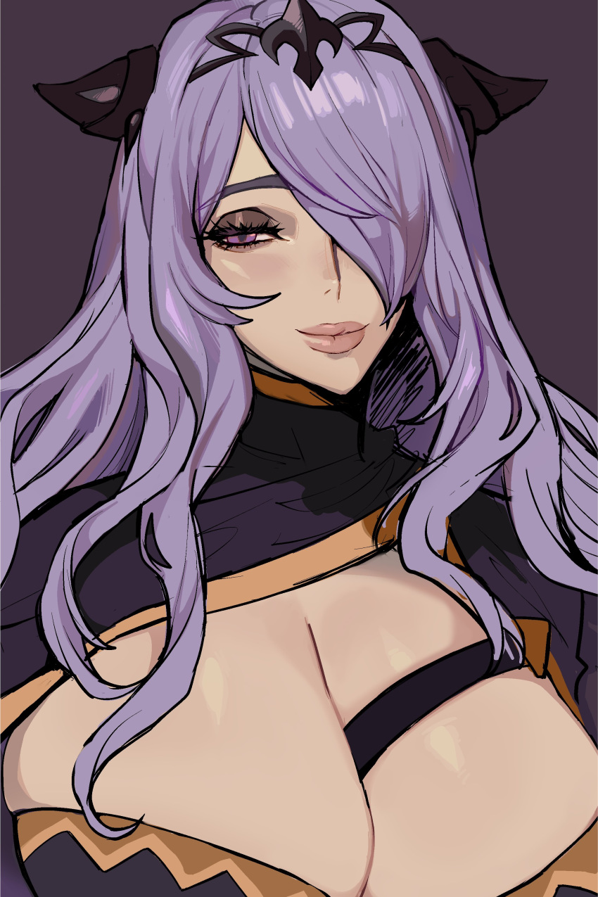 absurdres breasts camilla_(fire_emblem) cleavage english_commentary ennuigrl female fire_emblem fire_emblem_fates hair_over_one_eye highres huge_breasts lips long_hair pink_lips purple_eyes purple_hair solo strap tiara unfinished wavy_hair