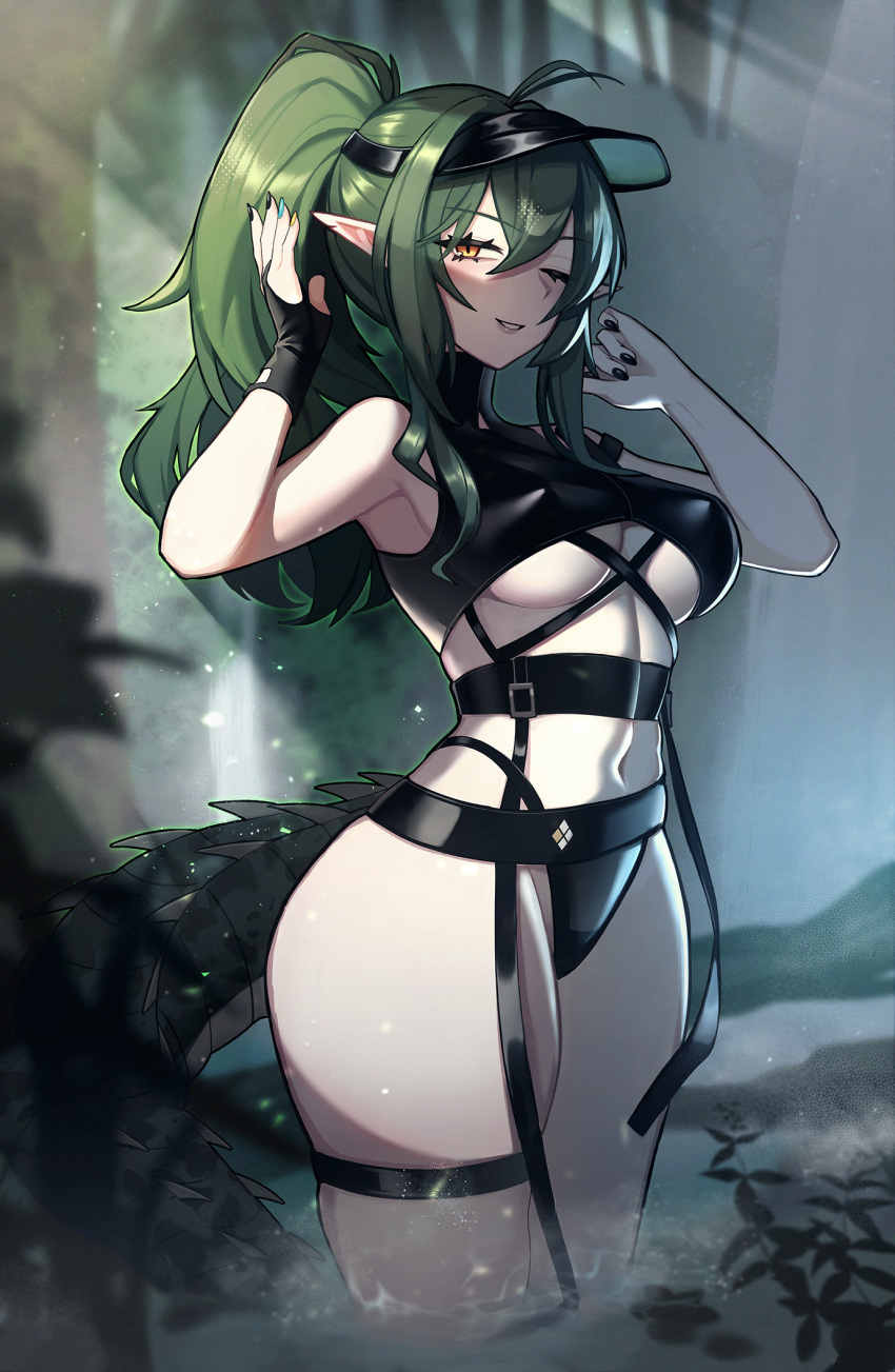 antenna_hair arknights artist_name bare_arms bare_shoulders black_gloves breasts commentary_request cowboy_shot crocodilian_tail female fingerless_gloves gavial_(arknights) gloves green_hair green_tail grin highres long_hair looking_at_viewer medium_breasts navel official_alternate_costume parted_lips pointy_ears ponytail psidubs revision single_glove smile solo standing stomach swimsuit tail thigh_strap thighs twitter_username underboob visor_cap wading yellow_eyes