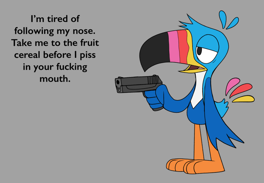 2020 anthro avian beak biped bird black_eyes blue_body blue_feathers dialogue digital_drawing_(artwork) digital_media_(artwork) english_text feathers flat_colors froot_loops grey_background gun half-closed_eyes handgun happyroadkill hi_res holding_gun holding_object holding_ranged_weapon holding_weapon kellogg's male mascot multicolored_beak multicolored_body multicolored_feathers narrowed_eyes profanity ranged_weapon simple_background solo standing text toucan toucan_sam weapon