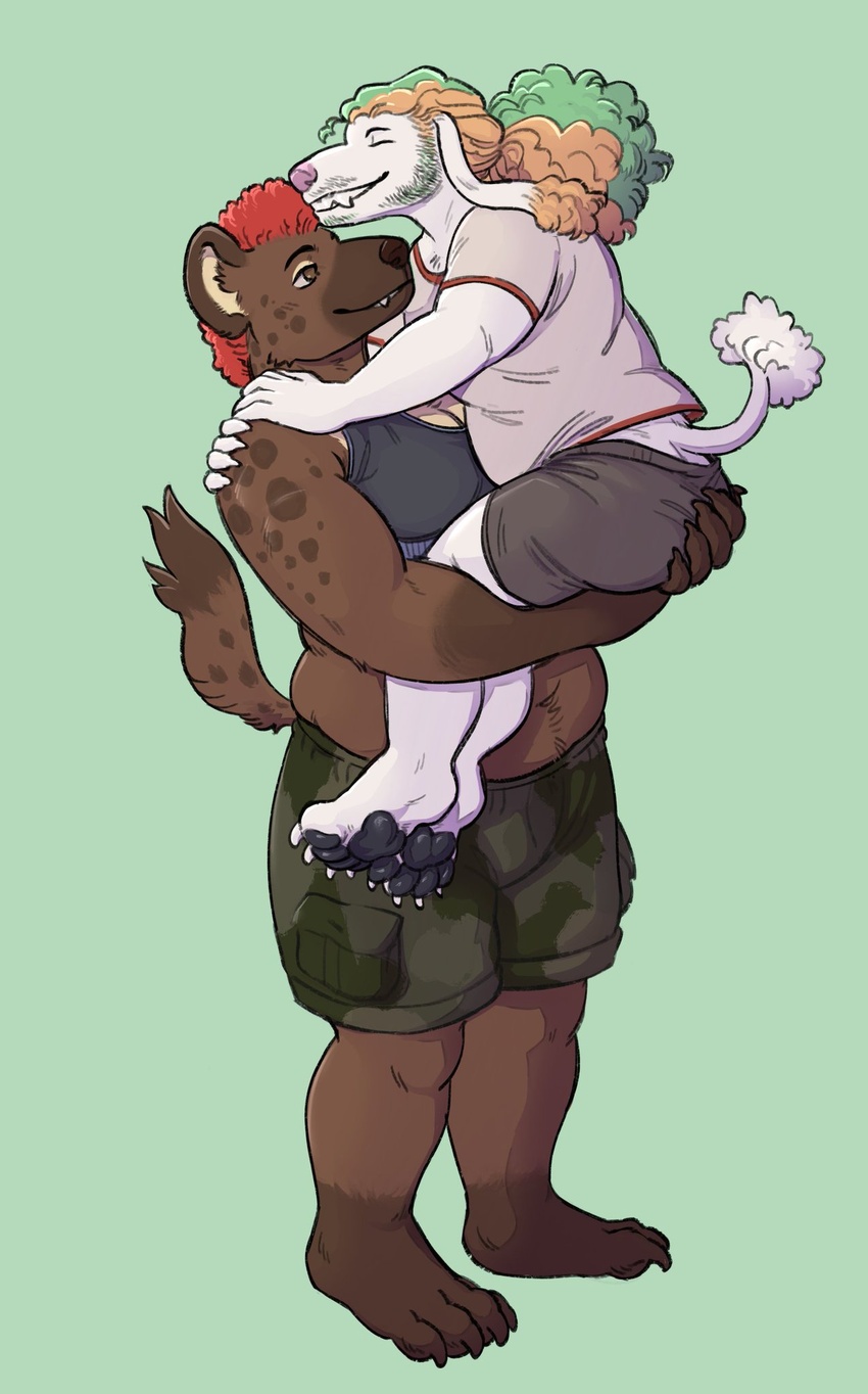 anthro ass bear big_butt bottomwear bra brown_body brown_eyes brown_fur butt_grab camo camo_bottomwear camo_clothing camo_print camo_shorts canid canine canis carrying_another chest_markings claws clothing crescent_moon cryptidcoyote domestic_dog duo ear_tuft facial_hair female femboy frohawk fur fur_markings goatee hair hand_on_butt hi_res highlights_(coloring) holding_partner hybrid hyena larger_female male male/female mammal manna-mint markings moon moustache mr.hakkai musclegut muscular muscular_female pattern_bottomwear pattern_clothing pattern_shorts pawpads pink_nose ponytail poodle red_hair romantic romantic_couple rule_63 shirt shorts sideburns size_difference slightly_chubby slightly_chubby_male smaller_male split_color sports_bra spots spotted_body spotted_fur t-shirt tail tail_tuft toe_claws tomboy topwear tuft underwear white_body white_fur