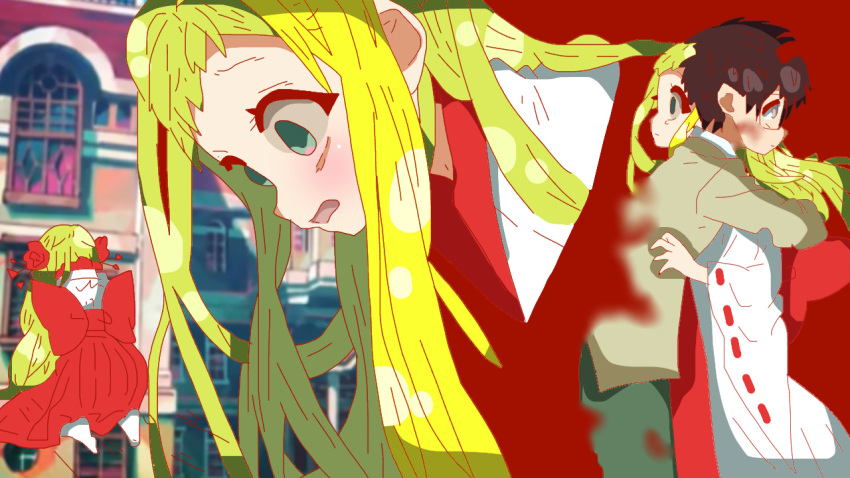 agatsuma_yuuki confused crying derivative_work hug hug_from_behind jibaku_shounen_hanako-kun multicolored_hair open_mouth original sad self-upload surprised two-tone_background two-tone_hair vector_trace