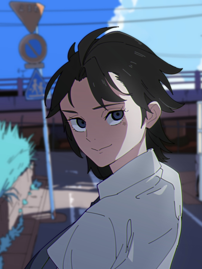 1boy absurdres black_hair blue_eyes blue_sky blurry blurry_background cloud day facial_mark highres hoshi_(sonny_boy) looking_at_viewer male_focus medium_hair outdoors power_lines road_sign school_uniform shirt sign sky smile solo sonny_boy summer taiyaka315 white_shirt