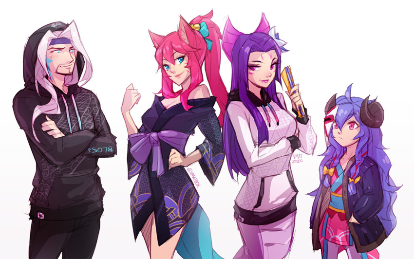 1boy 3girls ahoge ahri_(league_of_legends) alternate_costume beard black_pants blue_eyes bow breasts cassiopeia_(league_of_legends) cowboy_shot crossed_arms facial_hair green_bow grey_background hairbow hood hood_down hood_up hoodie horns jacket japanese_clothes kimono kindred_(league_of_legends) lamb_(league_of_legends) league_of_legends looking_at_another looking_at_viewer mask mask_on_head medium_breasts multiple_girls open_clothes open_jacket pants simple_background smile spirit_blossom_(league_of_legends) spirit_blossom_ahri spirit_blossom_cassiopeia spirit_blossom_kindred spirit_blossom_yasuo vmat yasuo_(league_of_legends)