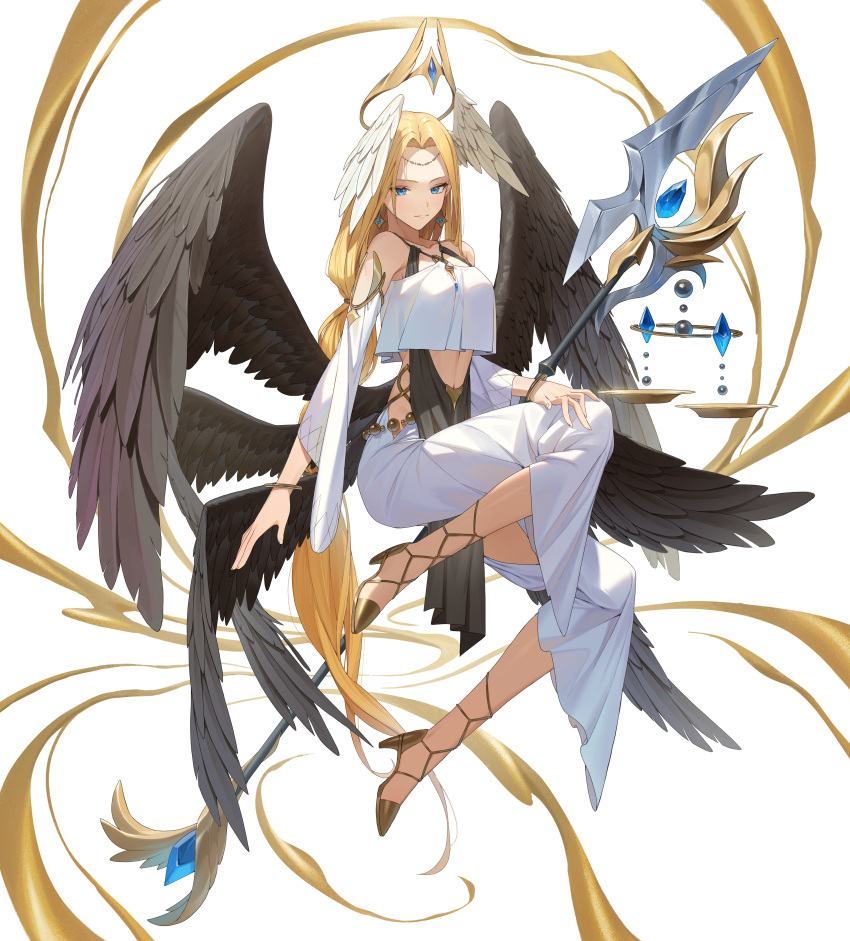 absurdres angel_wings bad_id bad_pixiv_id bangle bare_shoulders black_wings blonde_hair blue_eyes bracelet breasts cleavage closed_mouth collarbone crop_top crown detached_sleeves feathered_wings female floating_crown glow_(user_hnpv7785) gold_footwear head_wings high_heels highres jewelry long_hair long_sleeves looking_at_viewer multiple_wings original pants pelvic_curtain sleeveless smile solo staff very_long_hair weighing_scale white_pants wide_sleeves wings