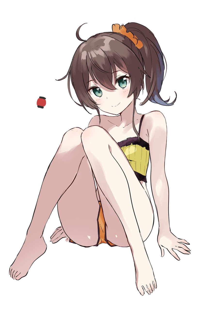 ahoge ass bad_id bad_twitter_id bare_arms bare_legs bare_shoulders barefoot blue_eyes brown_hair camisole collarbone crop_top female full_body h_(eitilog) hair_between_eyes hair_ornament hair_scrunchie highres hololive knees_up long_hair looking_at_viewer micro_shorts midriff natsuiro_matsuri natsuiro_matsuri_(matsuri's_day_off) orange_shorts scrunchie shirt shorts side_ponytail simple_background sleeveless smile solo spaghetti_strap thighs virtual_youtuber white_background yellow_shirt