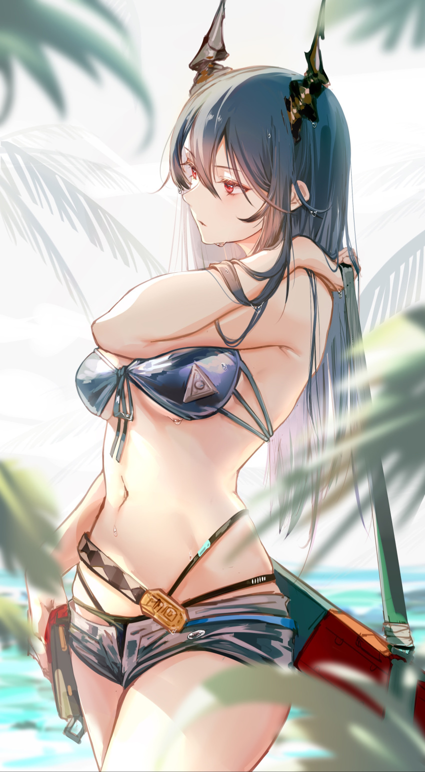 absurdres arknights bikini black_shorts blue_bikini blue_hair blurry breasts ch'en_(arknights) ch'en_the_holungday_(arknights) ch'en_the_holungday_(elite_ii)_(arknights) clouble cowboy_shot depth_of_field dragon_horns female hair_between_eyes highres holding horns long_hair medium_breasts navel official_alternate_costume palm_tree red_eyes scabbard sheath short_shorts shorts solo swimsuit thighs tree wet