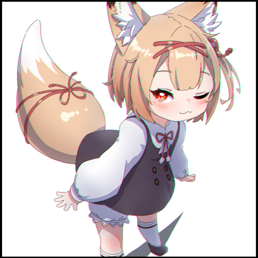 ;3 animal_ears black_border black_dress black_footwear bloomers blush border brown_hair chromatic_aberration closed_mouth collared_shirt commentary_request dress female fox_ears fox_girl fox_tail hair_ornament hairclip highres koume_(vrchat) kuro_kosyou long_sleeves looking_at_viewer one_eye_closed pinafore_dress puffy_long_sleeves puffy_sleeves red_eyes shadow shirt shoes sleeveless sleeveless_dress sleeves_past_wrists socks solo standing tail underwear vrchat white_bloomers white_shirt white_socks x_hair_ornament