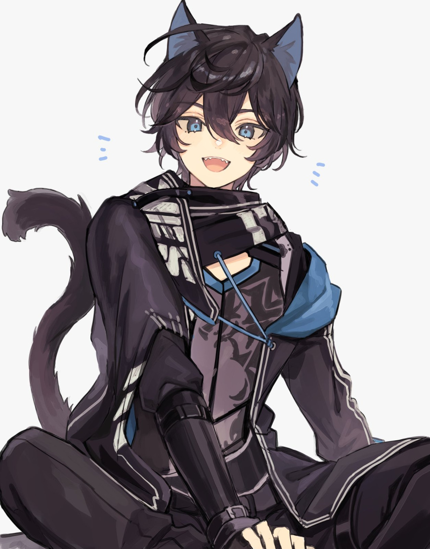 1boy :d animal_ears axia_krone axia_krone_(1st_costume) black_gloves black_scarf cat_ears cat_tail commentary fangs gloves grey_background grey_shirt hair_between_eyes hand_on_own_foot highres jacket looking_at_viewer male_focus nijisanji notice_lines open_mouth scarf shirt simple_background sitting smile solo tail virtual_youtuber zumi_tiri