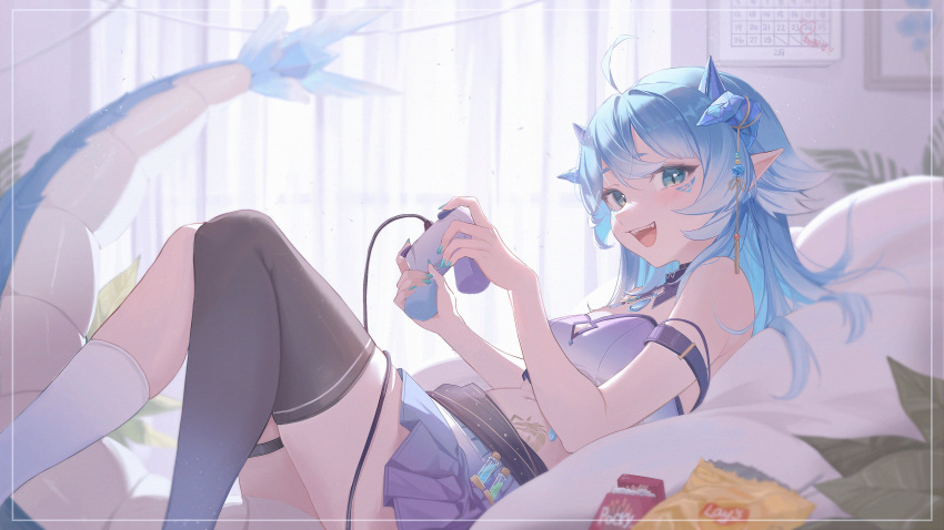 :d absurdres ahoge aqua_nails arm_strap asymmetrical_legwear bed black_thighhighs blue_eyes blue_hair blue_skirt blue_tank_top brooch calendar_(object) controller detached_collar exitus feet_out_of_frame female food highres holding holding_controller horns jewelry lay's_(potato_chips) light_blue_hair long_hair looking_at_viewer lying midori_xu navel oerba_yun_fang on_back open_mouth painting_(object) paroniie_(vtuber) pillow plant pocky potion potted_plant sidelocks skirt smile socks solo tail tank_top tattoo thigh_strap thighhighs virtual_youtuber white_socks window