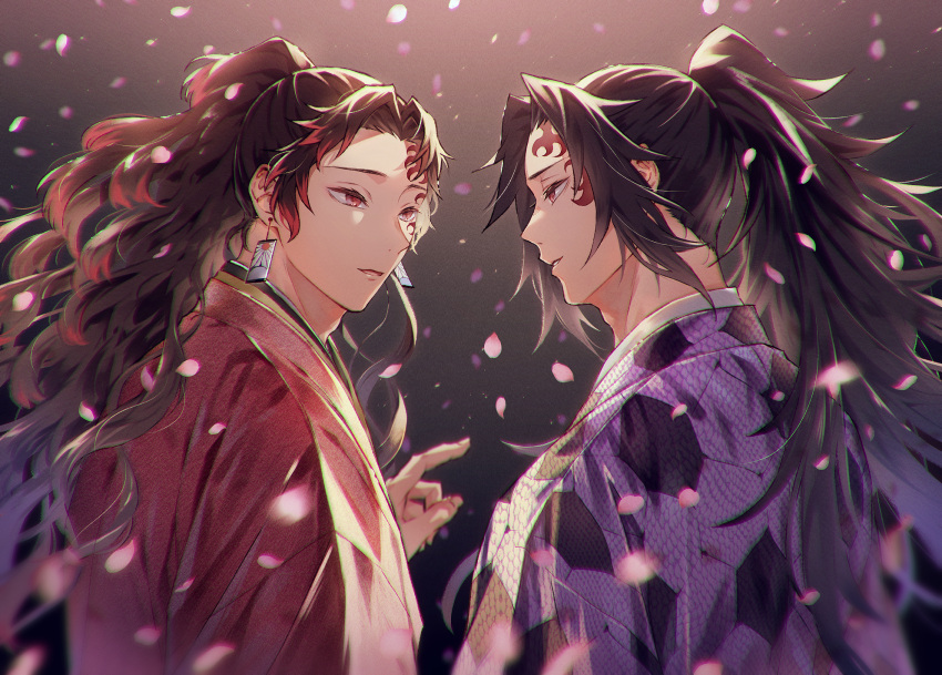 2boys black_hair brothers earrings facial_mark from_side hanafuda haori high_ponytail highres index_finger_raised japanese_clothes jewelry kimetsu_no_yaiba long_hair male_focus md5_mismatch multicolored_hair multiple_boys oyumai profile red_eyes red_hair siblings tsugikuni_michikatsu tsugikuni_yoriichi twins two-tone_hair upper_body very_long_hair