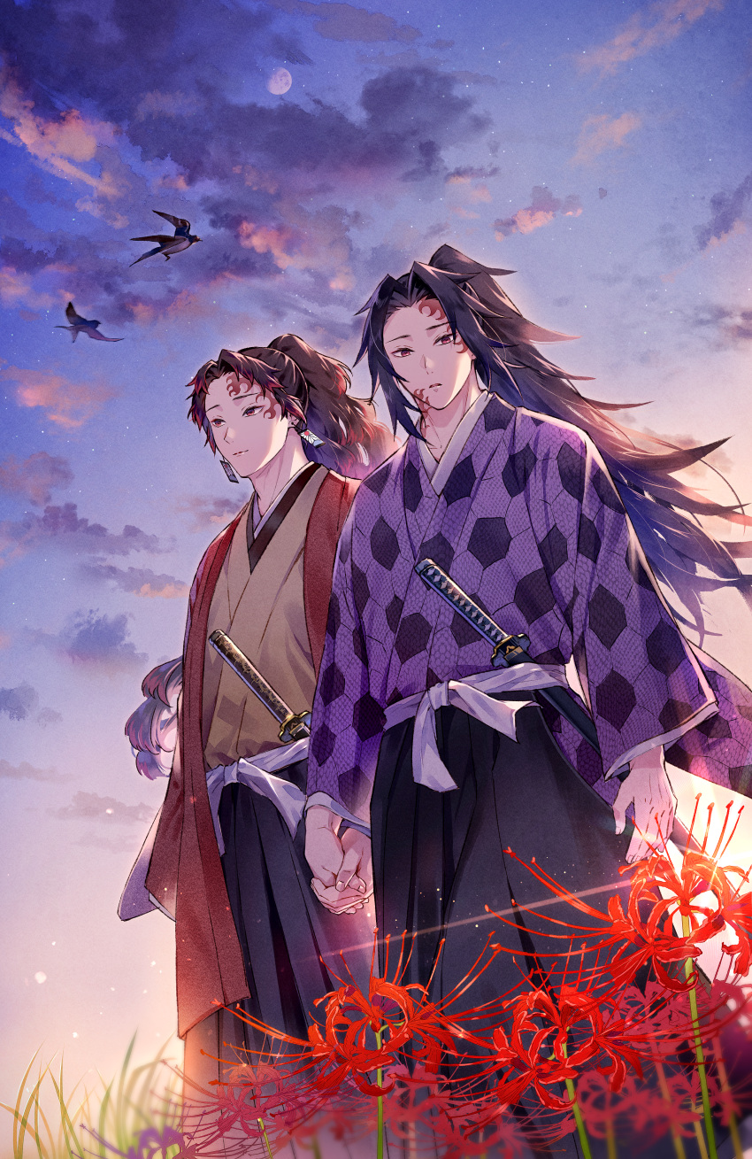 2boys absurdres bird black_hair black_hakama brothers brown_kimono closed_mouth dutch_angle facial_mark flower hair_intakes hakama hakama_skirt haori high_ponytail highres holding_hands japanese_clothes katana kimetsu_no_yaiba kimono long_hair long_sleeves looking_at_viewer male_focus moon multicolored_hair multiple_boys outdoors oyumai purple_hair red_eyes red_flower red_hair sheath sheathed siblings skirt spider_lily sword tsugikuni_michikatsu tsugikuni_yoriichi twins two-tone_hair very_long_hair weapon