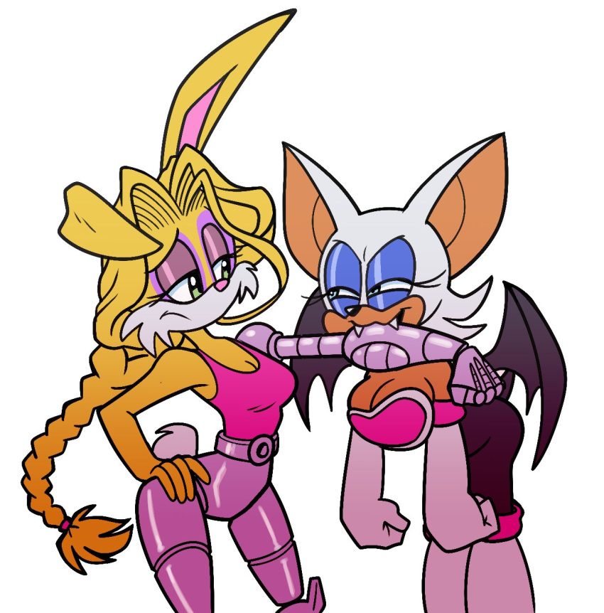 2020 anthro archie_comics bat bite blue_eyeshadow breasts bunnie_rabbot cleavage clothed clothing cybernetics cyborg duo eyeshadow female female/female galactabee hand_on_hip hi_res lagomorph leporid machine makeup mammal purple_eyeshadow rabbit rouge_the_bat sega simple_background sonic_the_hedgehog_(archie) sonic_the_hedgehog_(comics) sonic_the_hedgehog_(series) white_background