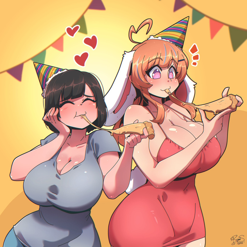 2girls ahoge animal_ears blush bonnie_(bunny_gif) breasts brown_hair bunny_ayumi cleavage closed_eyes closed_mouth eating food hat heart heart-shaped_pupils highres holding holding_food huge_breasts indie_virtual_youtuber long_hair looking_at_viewer multiple_girls orange_hair party_hat pink_eyes pizza rabbit_ears rabbit_girl rabbit_tail real_life ryou_sakai short_hair smile symbol-shaped_pupils tail virtual_youtuber