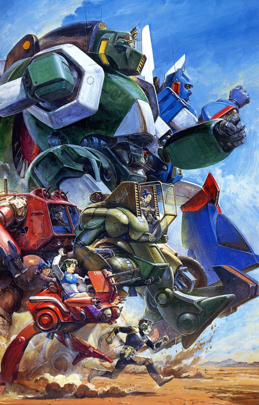 1980s_(style) 2boys 3girls assault_visor blue_hair bodysuit boots brown_hair chill_(xabungle) claws clenched_hands clenched_teeth cloud cloudy_sky damaged desert dirty dust elchi_cargo goggles graffiti green_hair gun headgear highres hover_vehicle jiron_amos legg_type machine_gun machinery mecha mechanical_arms multiple_boys multiple_girls official_art ponytail production_art promotional_art racing radio_antenna rag_uralo realistic retro_artstyle robot rock running scan science_fiction sentou_mecha_xabungle sky smoke smoking_pipe takani_yoshiyuki teeth thrusters trad_11_type traditional_media turret walker_(robot) walker_gallia weapon xabungle_(mecha)