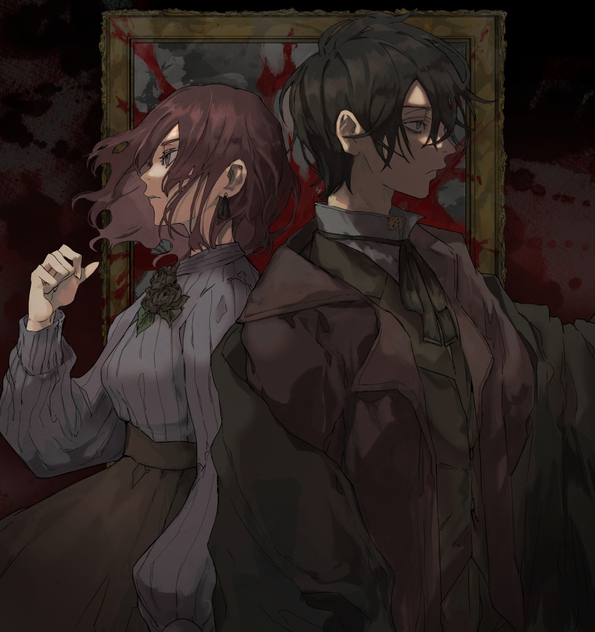 1boy absurdres black_hair blood blood_on_wall brown_eyes brown_hair closed_mouth earrings female fingernails green_neckwear highres jewelry long_fingernails medium_hair momomosae original painting_(object) parted_lips sharp_fingernails single_earring