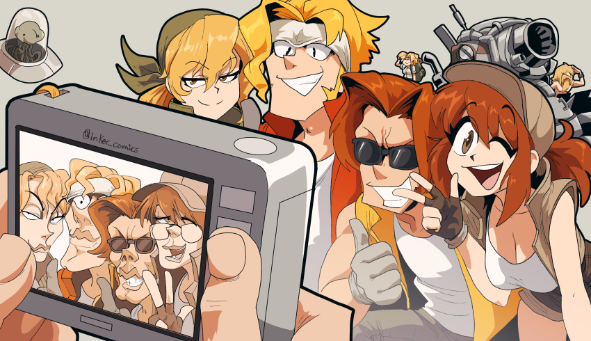 3boys 3girls absurdres aikawa_rumi alien artist_name bandana blonde_hair breasts brown_hair camera cleavage cleft_chin commentary exhaust_pipe fingerless_gloves fio_germi glasses gloves grey_gloves group_picture hat headband highres inker_comics kasamoto_eri looking_at_viewer marco_rossi mars_people metal_slug military_vehicle motor_vehicle multiple_boys multiple_girls no_eyewear open_mouth pointy_nose pov prisoner_of_war_(metal_slug) smile spacecraft sv001_(metal_slug) taking_picture tank tank_top tarma_roving thick_lips thumbs_up twitter_username ufo v vest