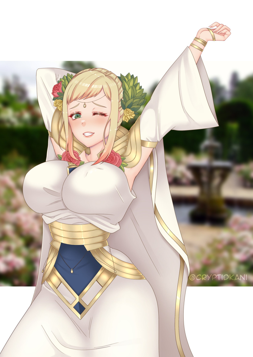 absurdres alternate_costume arms_up blonde_hair blush breasts cape commentary commission covered_nipples cryptid_crab detached_sleeves dress english_commentary female fire_emblem fire_emblem_heroes flower gradient_hair green_eyes grin hair_flower hair_ornament henriette_(fire_emblem) henriette_(valentine)_(fire_emblem) highres huge_breasts jewelry lips looking_at_viewer multicolored_hair official_alternate_costume one_eye_closed pink_hair rose short_hair sidelocks smile solo stretching tied_hair twitter_username white_cape wide_hips wide_sleeves