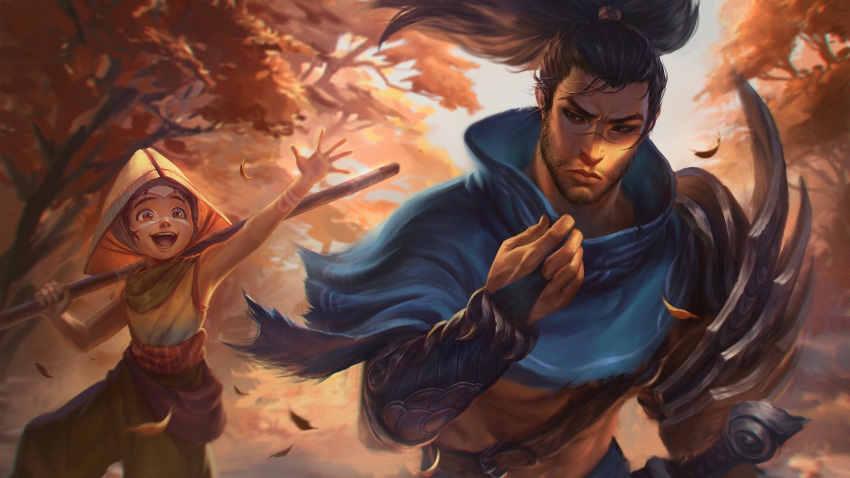 2boys :d arm_up armor black_hair brown_headwear brown_pants highres holding holding_staff league_of_legends lolicon long_hair long_sleeves male_focus multiple_boys outdoors pants ponytail shoulder_armor sleeveless smile staff teeth tongue tree weapon yasuo_(league_of_legends) zoe_(crownsforkings)