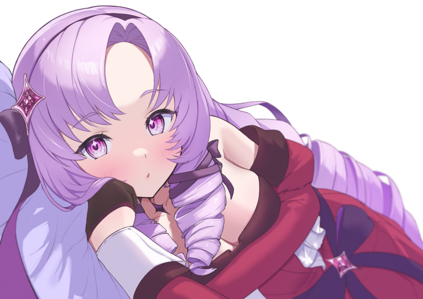 bare_shoulders black_ribbon choker dress drill_hair female hair_ribbon highres hyakumantenbara_salome hyakumantenbara_salome_(1st_costume) juliet_sleeves long_hair long_sleeves nijisanji puffy_sleeves purple_choker purple_eyes purple_hair purple_ribbon red_dress ribbon solo taraneko_miso twin_drills very_long_hair virtual_youtuber