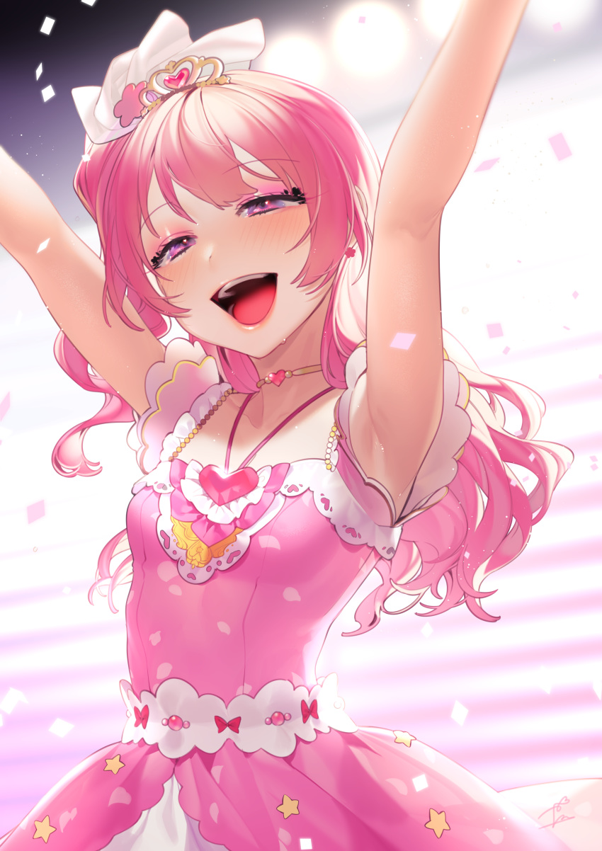 :d absurdres armpits bad_id bad_pixiv_id bare_arms bare_shoulders blurry blurry_background breasts chae_na-ra choker commentary crown depth_of_field dress eyelashes female glint hair_ornament halterneck hands_up happy heart heart_choker highres long_hair looking_at_viewer ohisashiburi one_side_up open_mouth pink_dress pink_hair purple_eyes sash shining_star small_breasts smile solo sweat upper_body