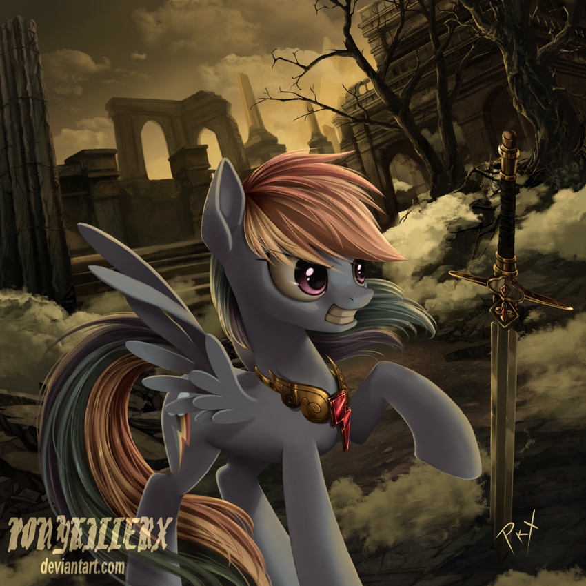 1:1 2015 blue_body blue_feathers blue_fur cutie_mark detailed_background equid equine feathered_wings feathers female feral friendship_is_magic fur gold_(metal) hair hasbro hi_res jewelry mammal melee_weapon multicolored_hair my_little_pony mythological_creature mythological_equine mythology necklace pegasus ponykillerx rainbow_dash_(mlp) rainbow_hair ruins solo sword weapon wings