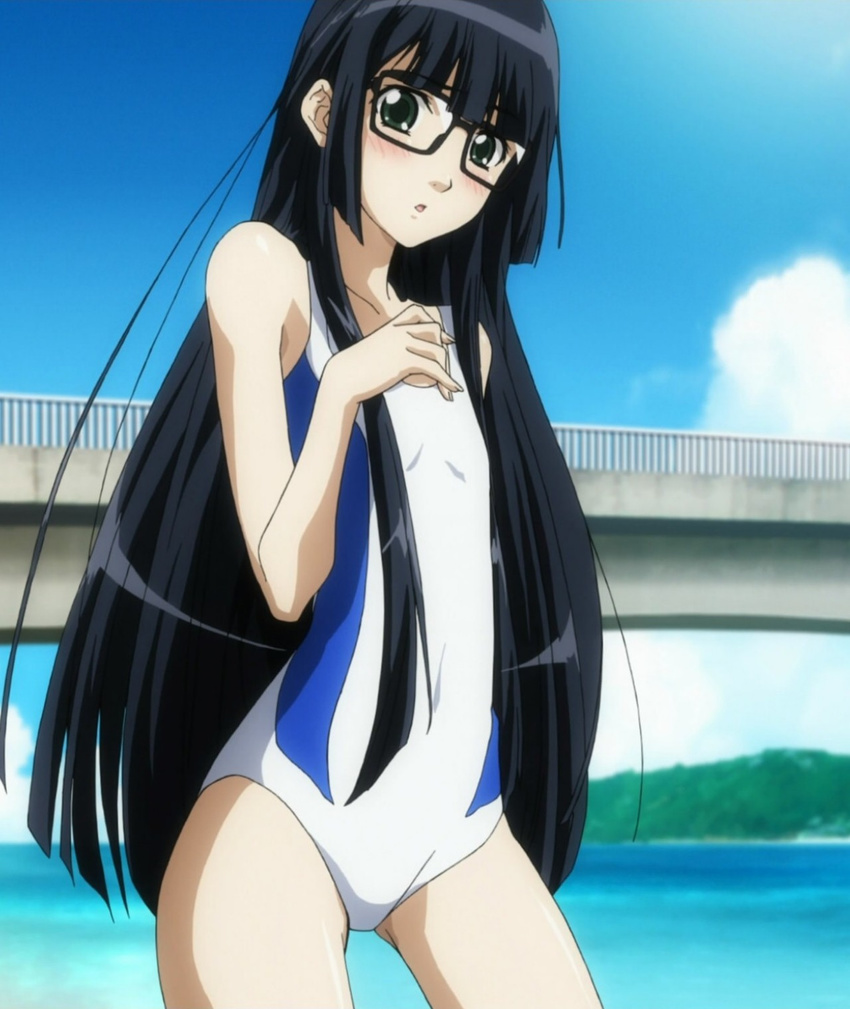 asobi_ni_iku_yo! beach black_hair female flat_chest futaba_aoi_(asobi_ni_iku_yo!) glasses highres long_hair one-piece_swimsuit solo swimsuit very_long_hair