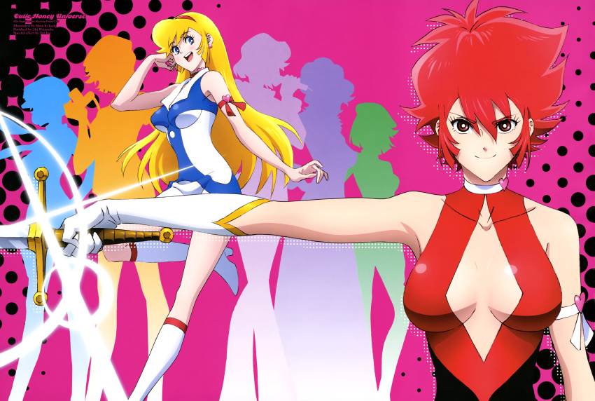 6+girls :d absurdres animage bare_shoulders black_bodysuit blonde_hair blue_eyes blush bodysuit boots breasts choker cleavage_cutout clothing_cutout collared_dress cutie_honey cutie_honey_(character) cutie_honey_universe diamond_(shape) dress elbow_gloves fancy_honey flash_honey gloves hairband hand_on_own_cheek hand_on_own_face hat high_heel_boots high_heels highres holding holding_microphone holding_sword holding_weapon hurricane_honey idol_honey iseki_shuuichi itou_yui kisaragi_honey knee_boots large_breasts long_hair looking_at_viewer microphone misty_honey multicolored_bodysuit multicolored_clothes multiple_girls multiple_persona no_bra open_mouth patterned_background perky_breasts print_dress purple_background red_bodysuit red_choker red_eyes red_hair red_hairband round_teeth scan scarf short_hair silhouette sleeveless smile spiked_hair standing standing_on_one_leg sword teeth watanabe_aki weapon white_choker white_dress white_footwear white_gloves