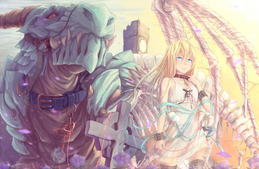 blonde_hair blue_eyes choker cross crying dararito dragon dress original tears thighhighs