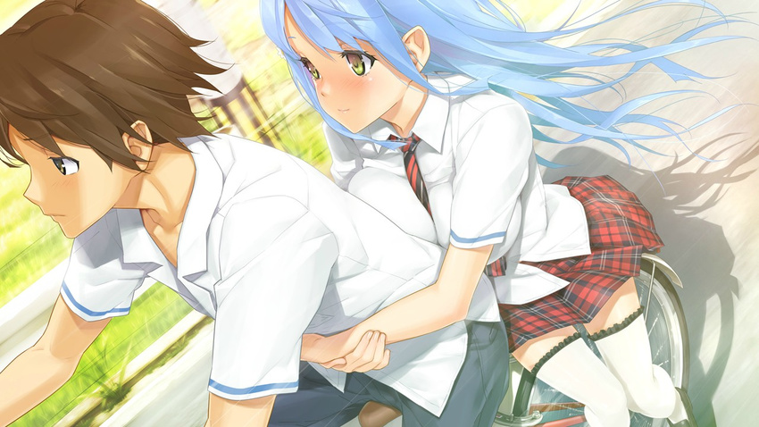 1boy bicycle bishoujo_mangekyou:_wasurenagusa_to_eien_no_shoujo bishoujo_mangekyou_(series) blue_hair blush breast_press breasts breasts_on_another's_back brown_hair couple female game_cg happoubi_jin hug hug_from_behind kanzaki_akihito large_breasts long_hair multiple_riders necktie plaid plaid_skirt riding sawatari_shizuku sidesaddle skirt straight thighhighs yellow_eyes